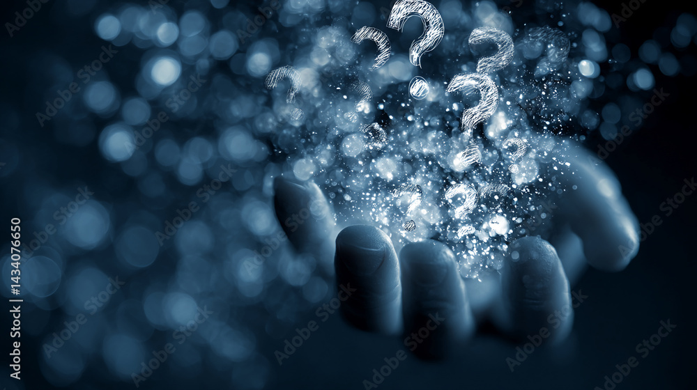 Poster glowing question marks float above cupped hands, a bokeh background adds depth, symbolizing curiosit