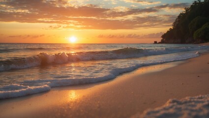 Obraz premium Sunset serenity over golden shoreline waves