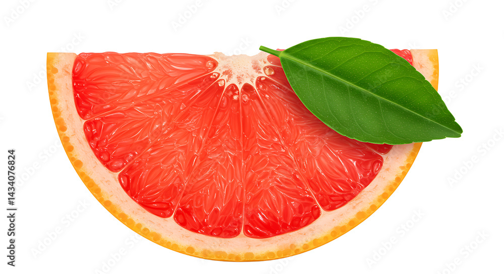 Poster a slice of grapefruit with a green leaf on top against a plain black colored background image view