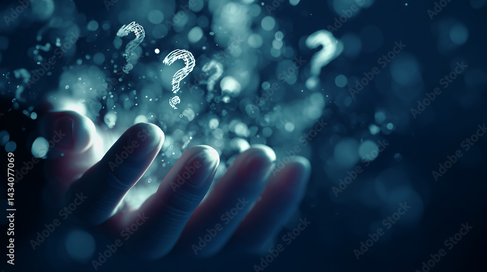 Fototapete close-up of hand gently cupping glowing question marks, suggesting exploration, curiosity, and the s