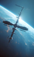 Naklejka premium Futuristic space station ascending above planet earth illuminated with city lights below the atmosphere