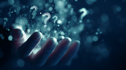 Close-up of hand gently cupping glowing question marks, suggesting exploration, curiosity, and the search for answers, perfect for a concept related to knowledge or problem-solving