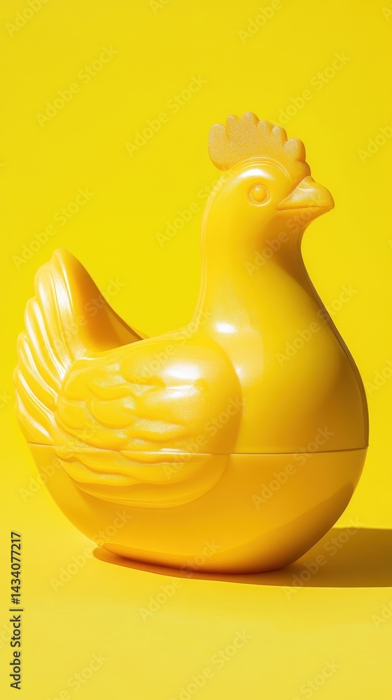 Poster Vibrant yellow chicken figurine against a matching backdrop creating a bold and playful visual statement showcasing simplicity and modern aesthetic with clean lines and minimalist composition