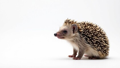 Obraz premium Hedgehog standing, facing forward, on pure white backdrop, nature photography, spiny animal, fur