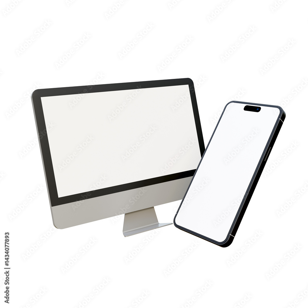 Poster computer and mobile phone with blank screen isolated on white background. desktop pc and smartphon m