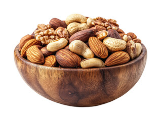 Healthy snack ideas mixed nuts in wooden bowl home kitchen isolated on transparent background