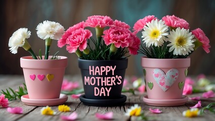 Happy Mother s Day flowers in pink pots a heartwarming floral arrangement with soft lighting and