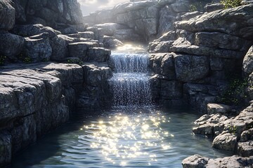 A cascading stream weaving through jagged rocks, its shimmering ripples glowing in soft sunlight.