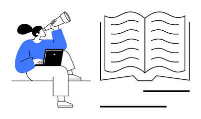 Woman holding a telescope looks towards an open book with a laptop in her lap, symbolizing discovery, learning, research, creativity, education, innovation, future aspirations. Ideal for knowledge