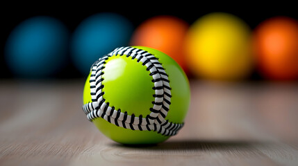 Close-up of Green Softball and Glove on Rustic Wood