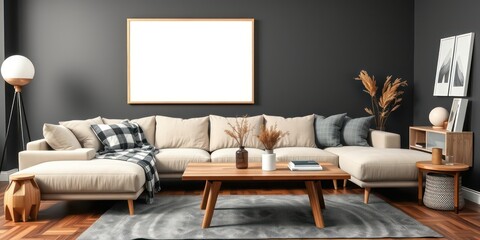 Modern living room interior design with sectional sofa and large framed artwork
