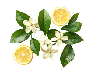 Lemon slices and flowers arrangement natural botanical isolated on transparent background