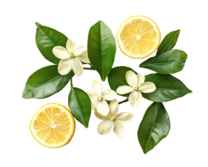 Lemon slices and flowers arrangement natural botanical isolated on transparent background