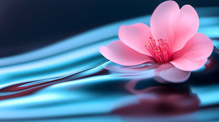 Pink Flower on Blue Water Wave