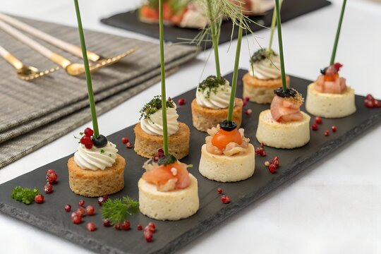 Gourmet finger food appetizers on slate