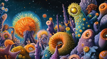 Obraz premium Colorful alien flora filling a vibrant cosmic landscape.