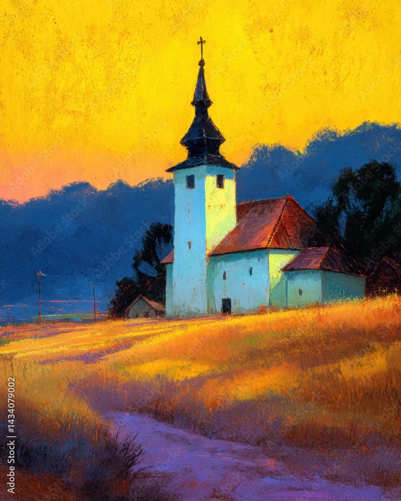 Poster serene rural landscape painting of a church with a steeple at sunset in a field with a path and tree