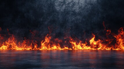 Fiery inferno flames burning intensely on dark floor.