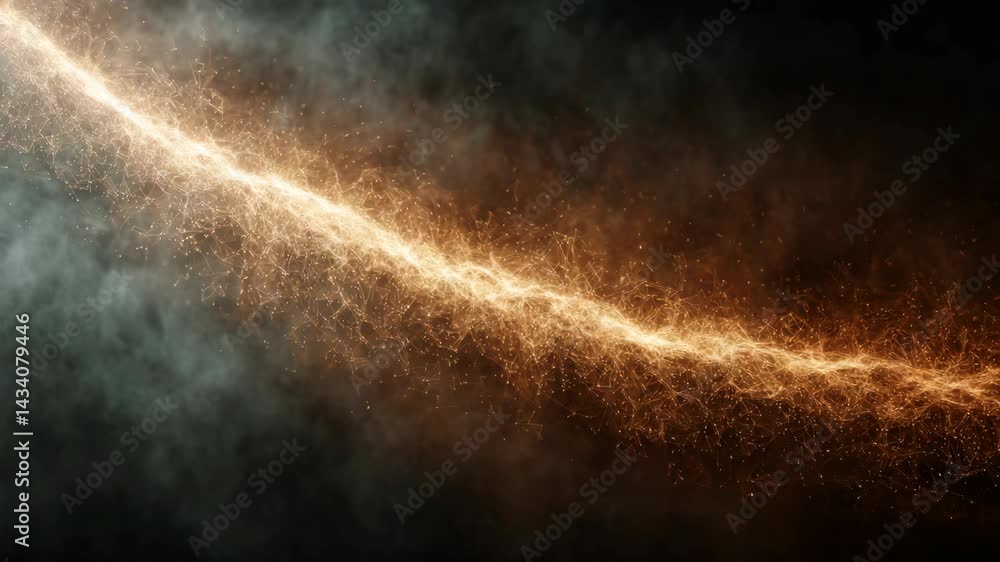 Poster abstract particle stream flowing across a dark background with smoke adding depth to the light strea