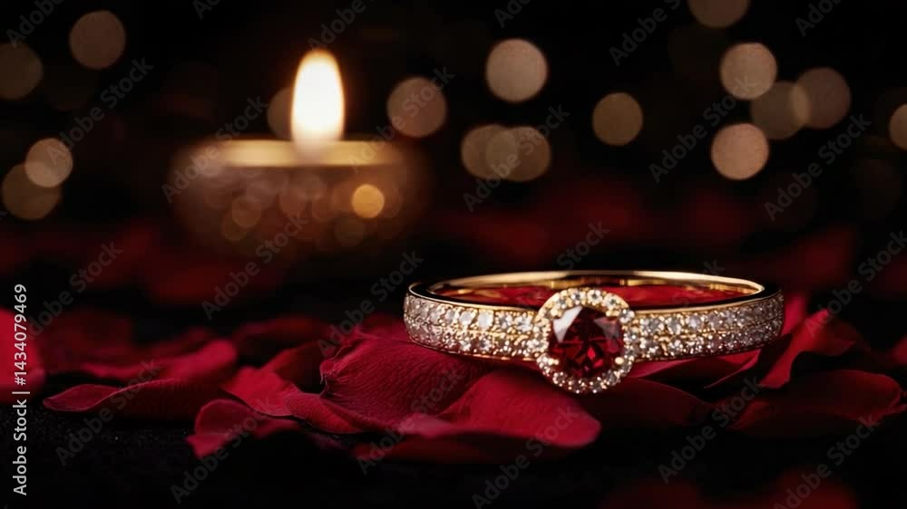 Aufkleber elegant ruby ring resting on rose petals with candlelight in the background creating a romantic atmo