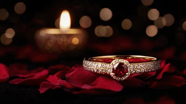 Elegant ruby ring resting on rose petals with candlelight in the background creating a romantic atmosphere of love and beauty