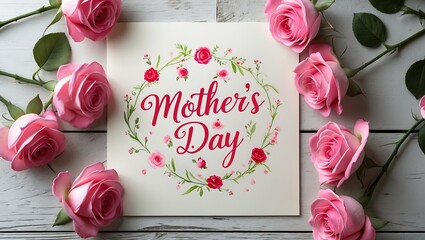 Pink roses surround a heartfelt Mother s Day card elegant floral design soft light rustic wood