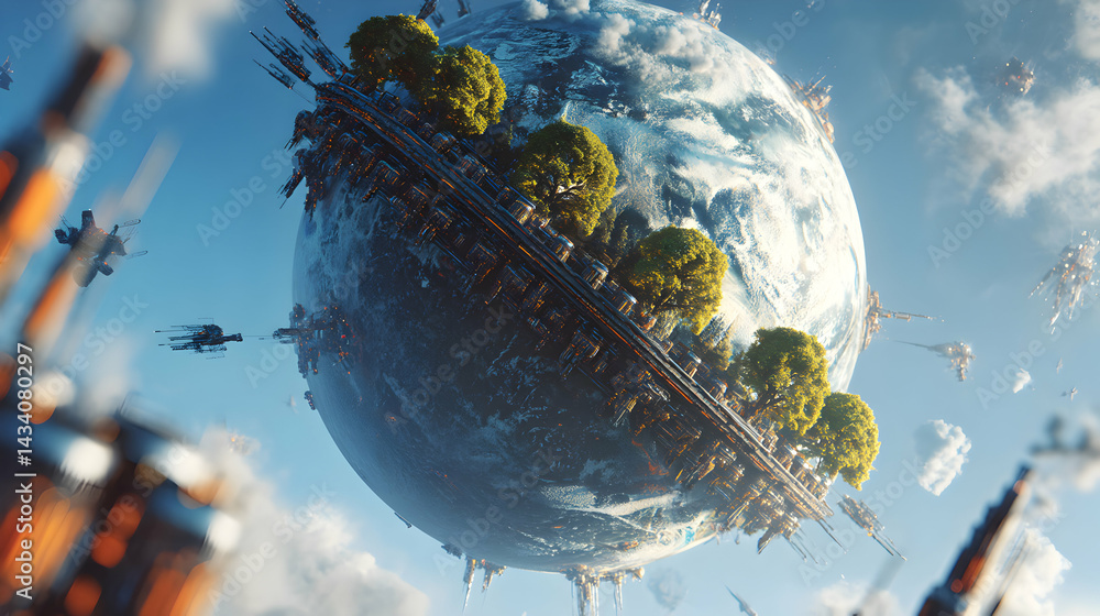 Poster a view of a futuristic earth planet from a low angle in a blue sky with spaceships flying around