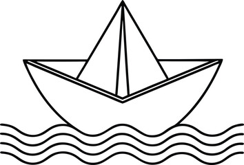 Paper Boat Floating on Water Waves with White Background Line Art