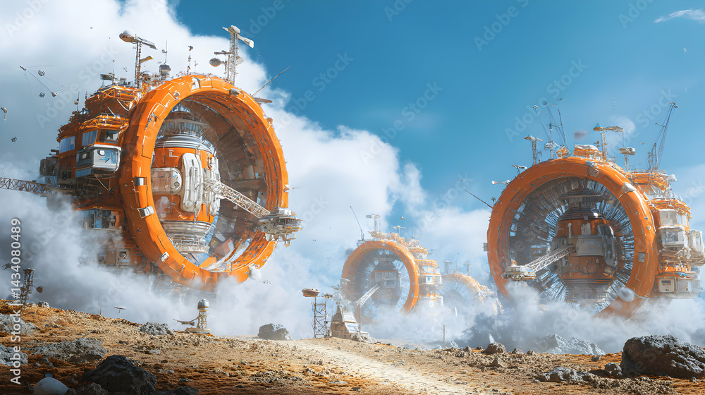 Poster futuristic settlements nestled in cloudscapes showcase innovative engineering and architectural visi