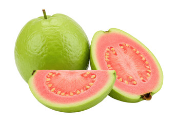 Guava fruit with slices showing pink flesh and small seeds isolated on transparent background