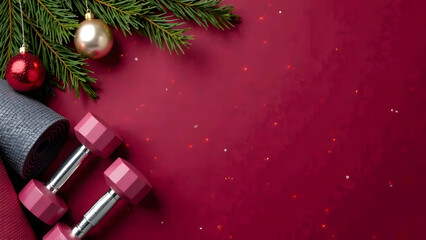 Dumbbells on a festive Christmas background