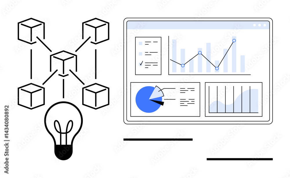 Poster blockchain connections with a light bulb for innovation and a data dashboard with charts and graphs.