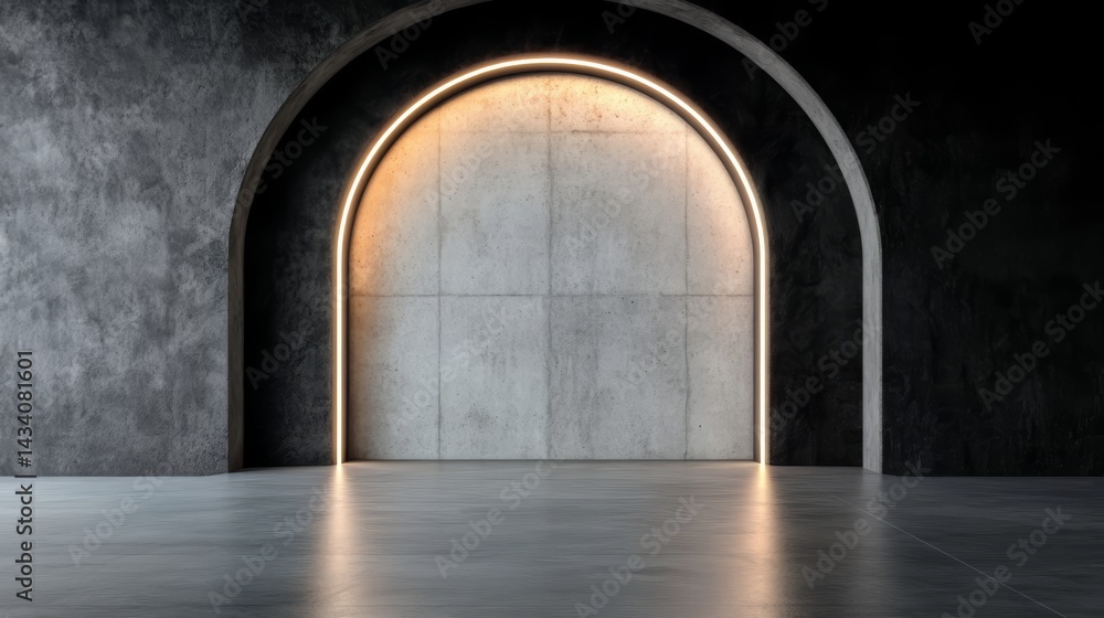 Poster large, empty room with a curved wall and a lighted archway. the room is dark and empty, with a sense