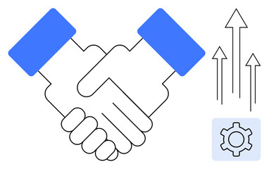 Handshake symbolizing partnership, three upward arrows showcasing growth, and a gear signifying productivity. Ideal for teamwork, collaboration, success, business, innovation, progress simple