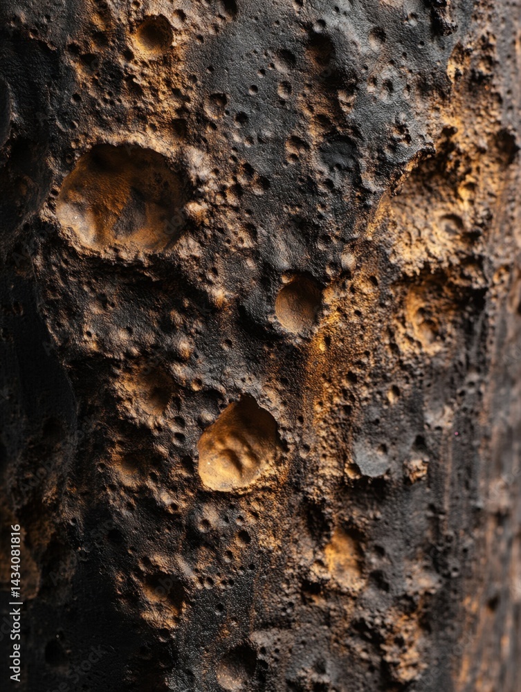 Poster textured surface of a celestial body with craters and rough terrain illuminated by golden light crea