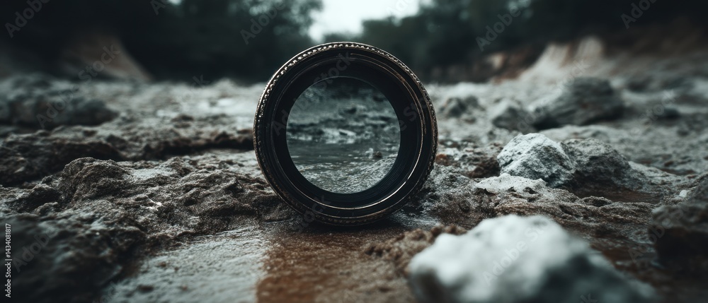 Poster circular portal on muddy ground reflecting a dark landscape creating a mysterious and eerie atmosphe