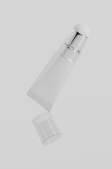 Roll-on tube mockup, aluminum laminate cosmetic roller ball tube packaging, luxury cylindrical metallic packaging, silver roller ball tube liquid skincare product, reflective aluminum cosmetic design