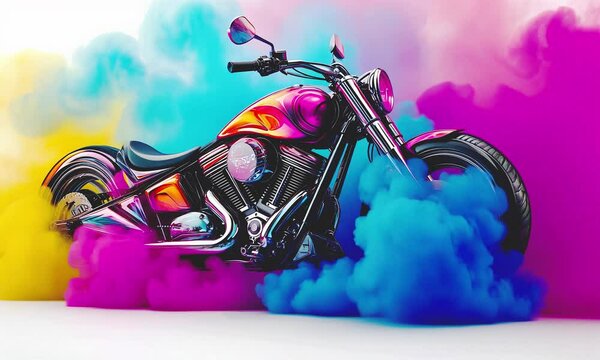 Motorbike in colorful smoke atmosphere.