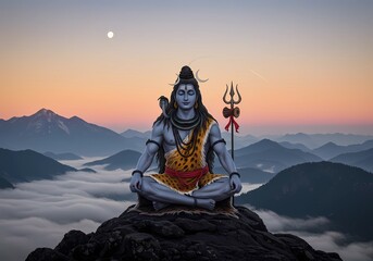 Fototapeta premium Lord Shiva in Peaceful Meditation Amidst Majestic Mountains at Sunrise