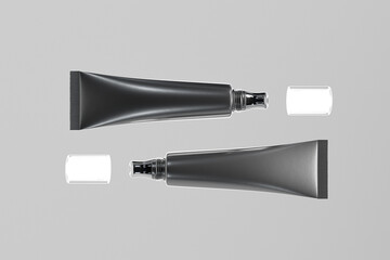 luxury lip gloss tube with metallic tip applicator, liquid lipstick tube with slant tip mockup, black plastic tube with screw cap for beauty product, cylindrical cosmetic container with aluminum tip