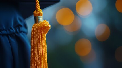Close-up of a graduation cap with a yellow tassel, blurred lights in the background