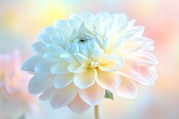 Fototapeta premium Closeup White Dahlia Flower Blossoming, Petals, Soft, Pastel Colors, Elegant