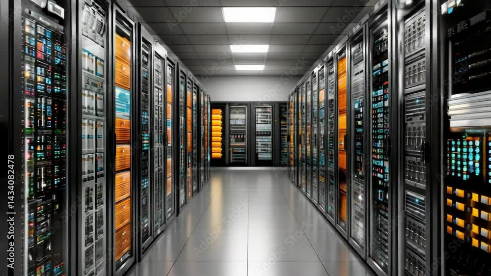 Poster server room with racks of computer equipment displaying flashing lights, network infrastructure for 