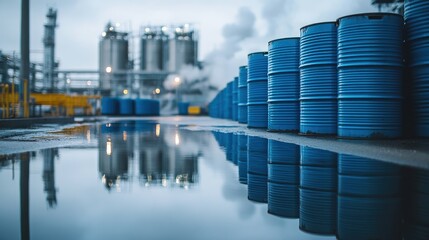 Industrial scene with blue barrels reflecting in a puddle