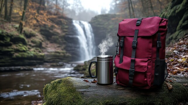 Hiking gear by a waterfall.  A burgundy backpack and a metal mug rest on a mossy rock. Steam rises from the mug
