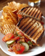 Delicious grilled sandwich with fresh tomatoes and basil served with crispy potato chips and salad on a white plate for lunch or dinner