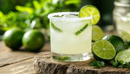 Fototapeta premium Refreshing lime drink on rustic wood