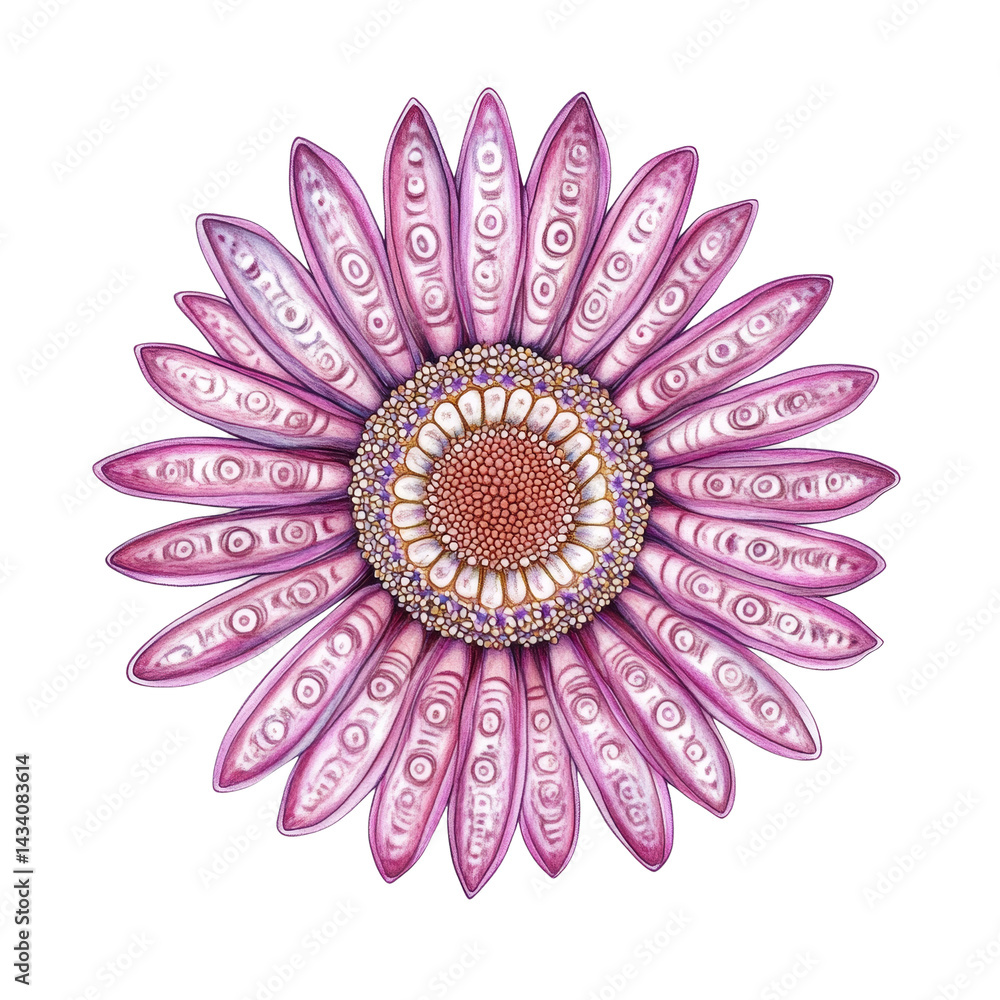 Poster isolated vibrant bloom with patterned petals radiating on a transparent setting