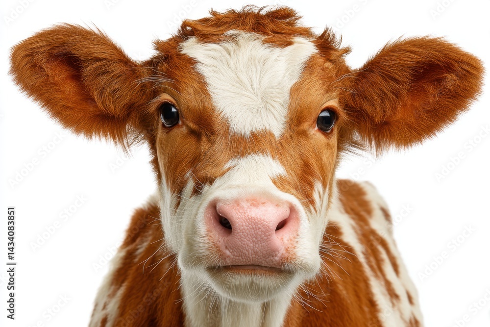 Poster captivating close up of a charming calf with a white background showcasing its endearing features an