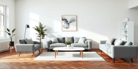 Serene modern living room interior design with grey sofas, wooden floors, and natural light